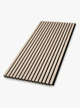 Light beige wood slat acoustic panel sample with evenly spaced black gaps