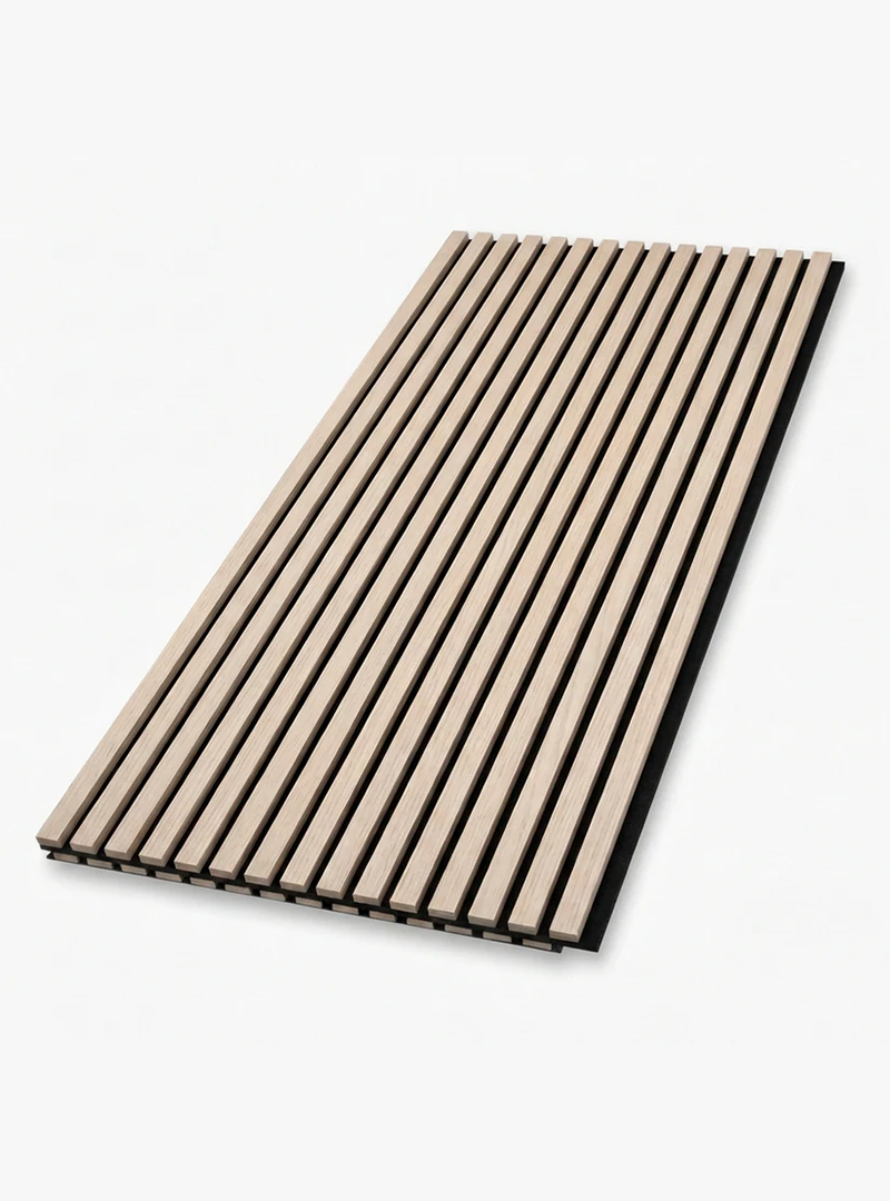 Natural oak acoustic wood slat wall panel with black backing, shown at an angle