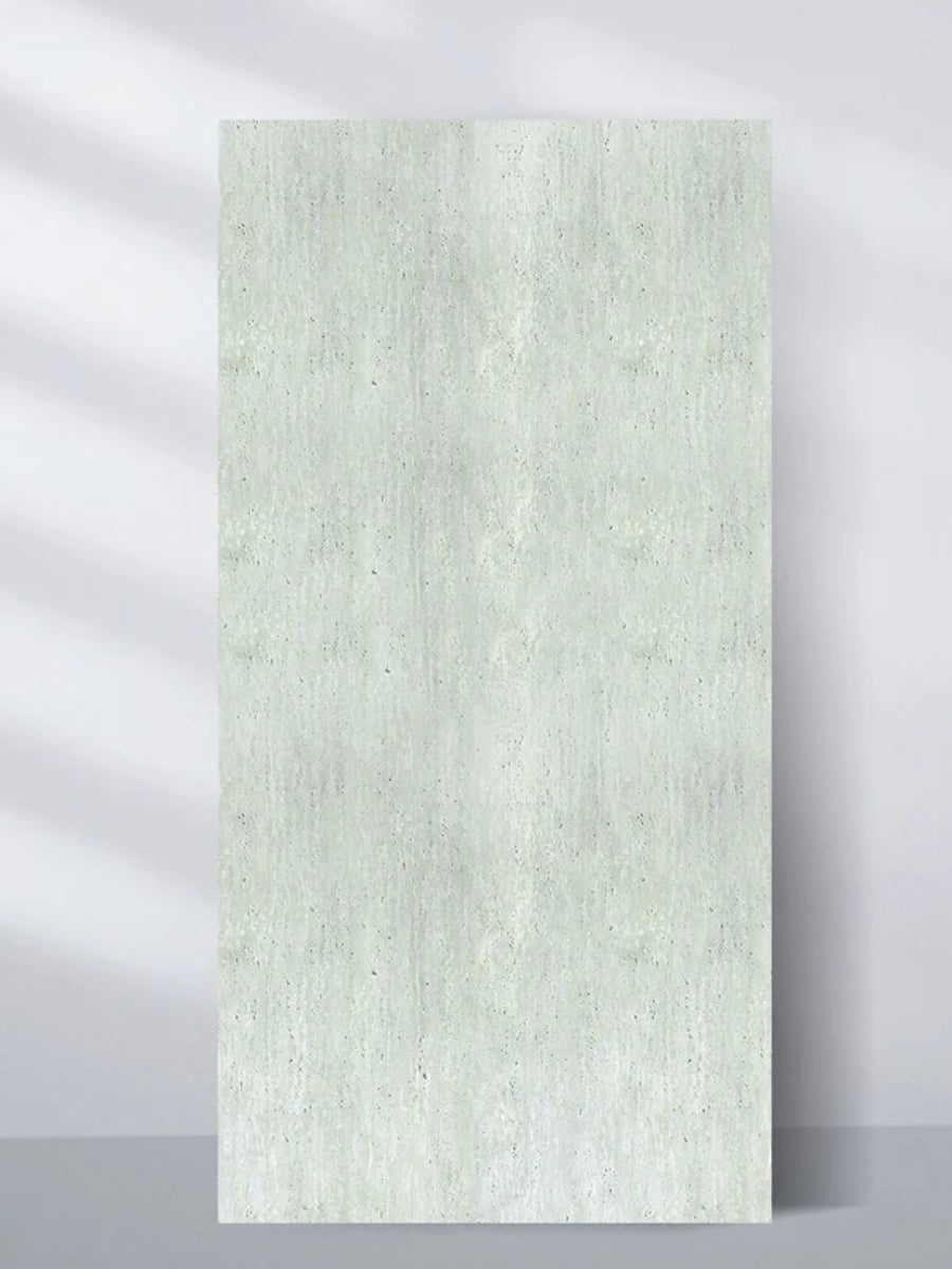 Pale green travertine-effect PVC sheet with a rough vertical texture