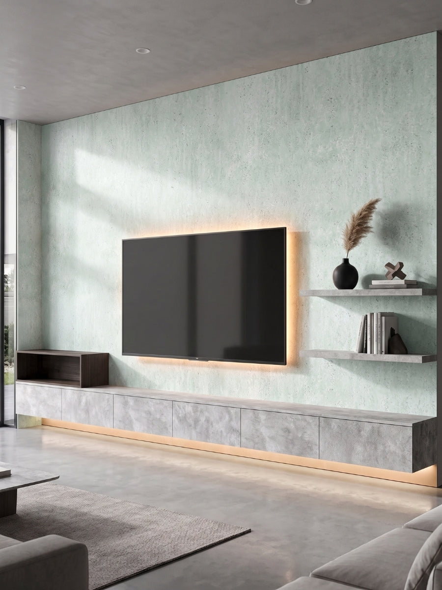 Rough-texture travertine-effect PVC panels on a living room TV feature wall