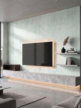 Rough-texture travertine-effect PVC panels on a living room TV feature wall