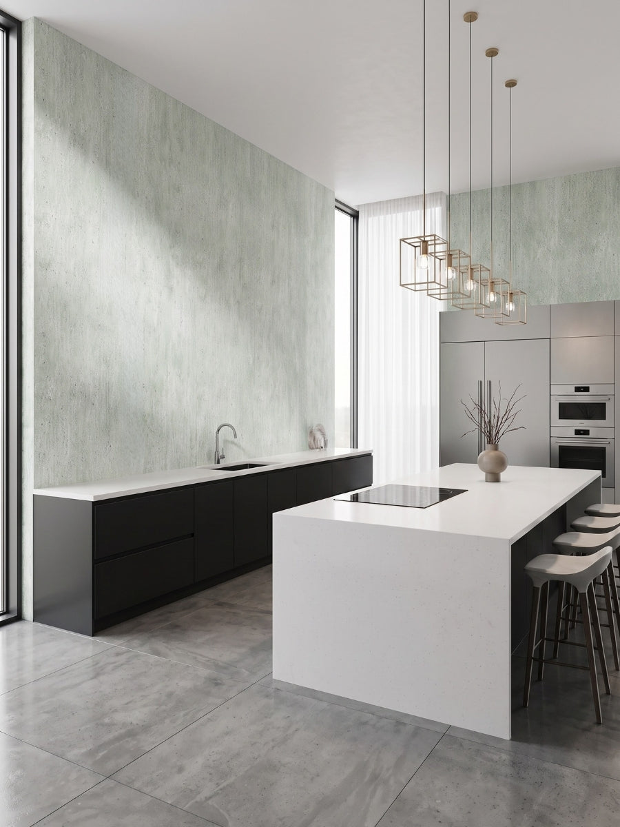Pale green travertine-effect PVC wall panels in a contemporary kitchen