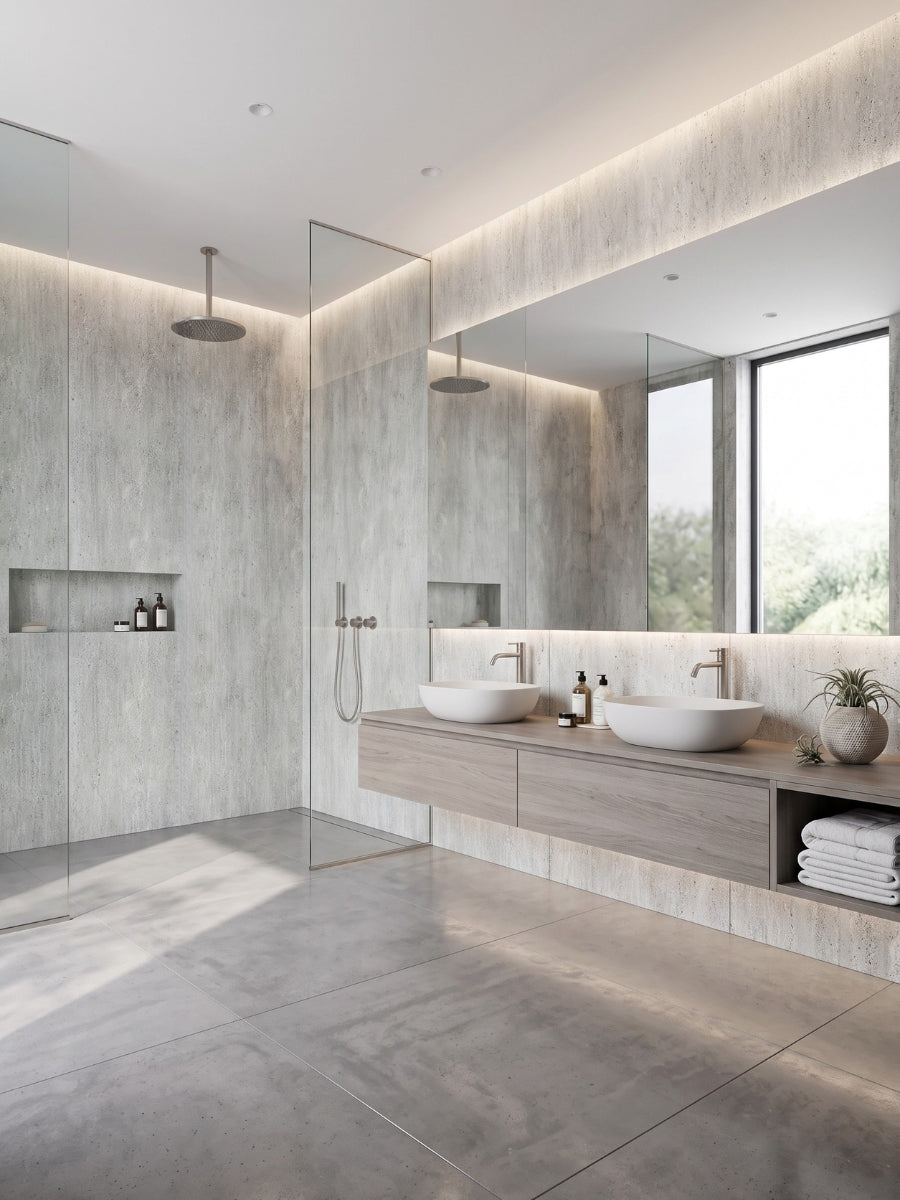 Waterproof travertine-effect PVC panels covering modern bathroom and shower walls