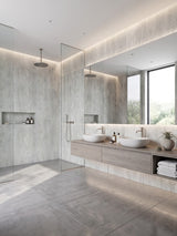Waterproof travertine-effect PVC panels covering modern bathroom and shower walls