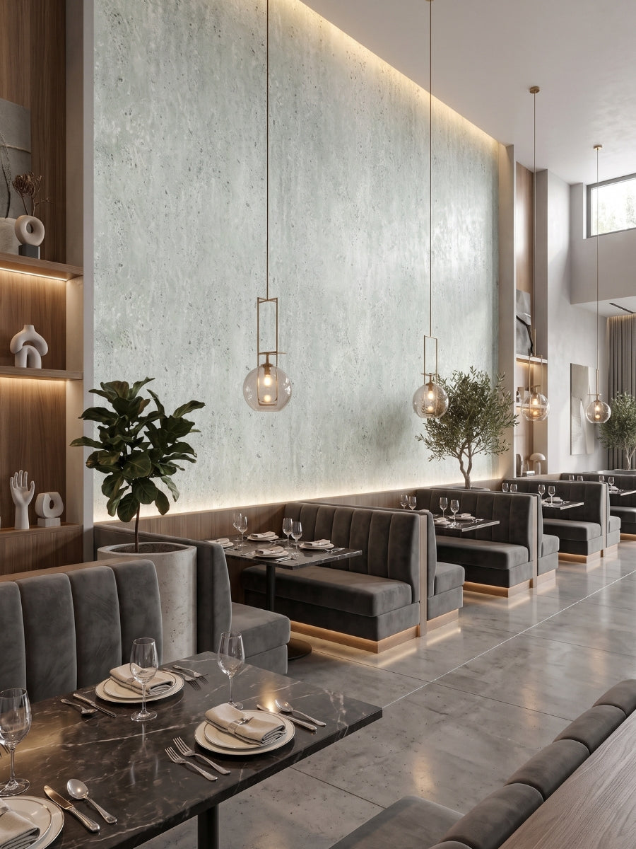 Rough-texture travertine-effect PVC wall panels in an elegant restaurant dining area