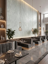 Rough-texture travertine-effect PVC wall panels in an elegant restaurant dining area