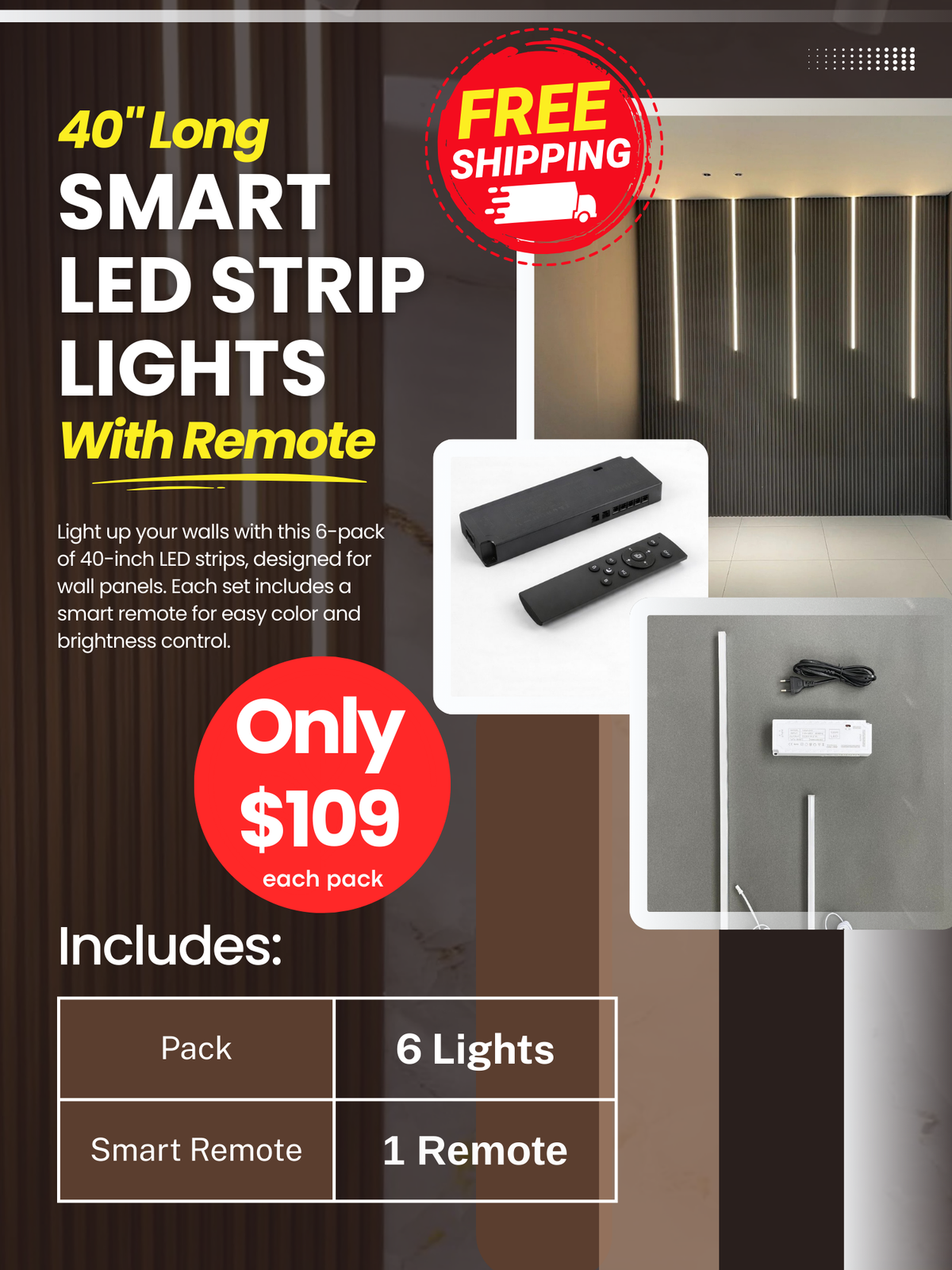 6-pack of 40-inch smart LED strip lights with remote, shown installed vertically with included components