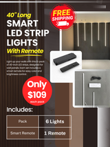 6-pack of 40-inch smart LED strip lights with remote, shown installed vertically with included components