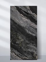 Black PVC marble sheet sample with sweeping charcoal and gray veins