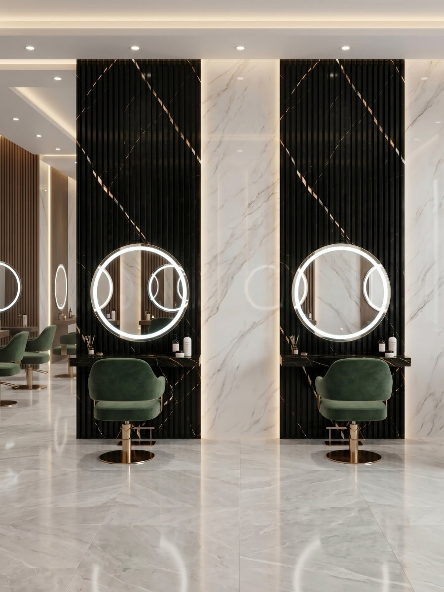 Noir Royale fluted 3D wall panels used behind illuminated mirrors in a modern salon interior