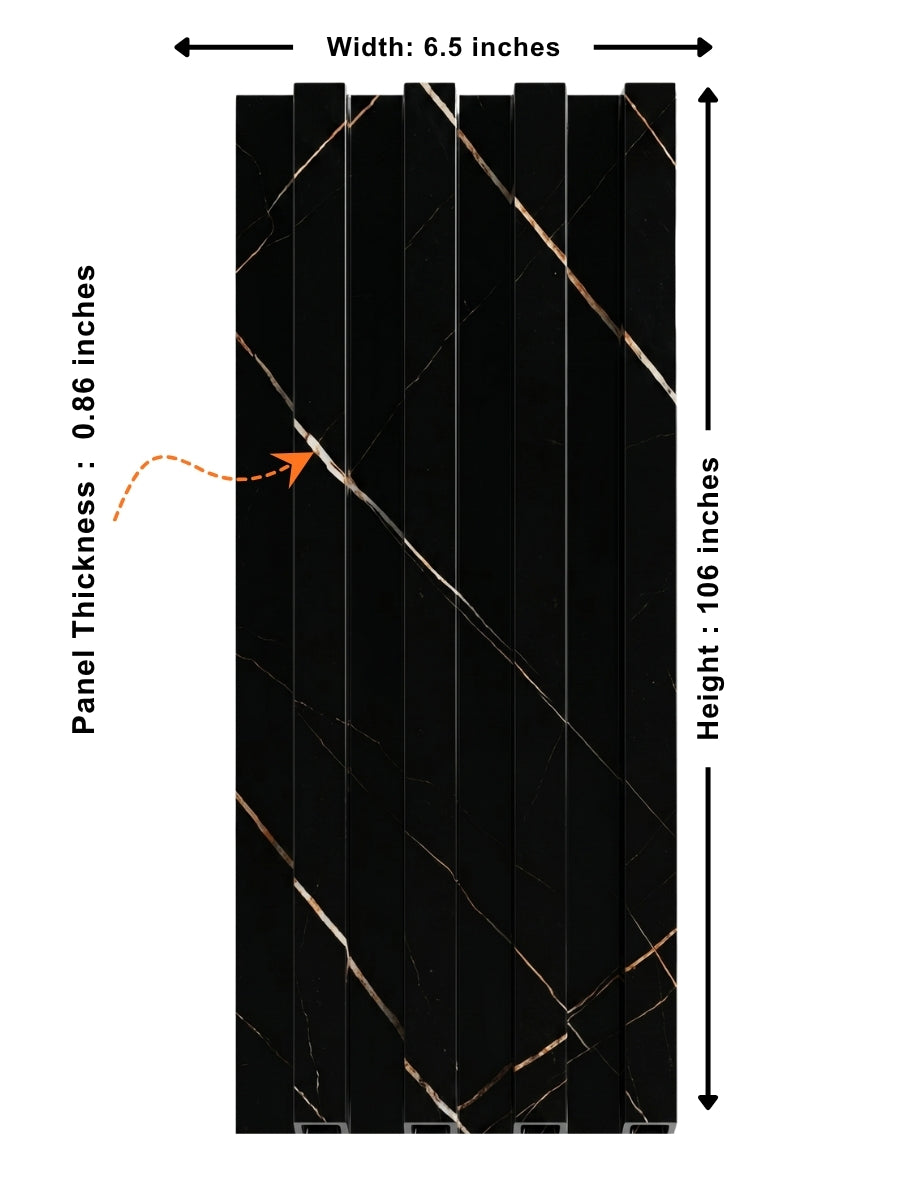 Noir Royale WPC fluted wall panel dimensions: 6.5 inches wide, 106 inches high, and 0.86 inch thick