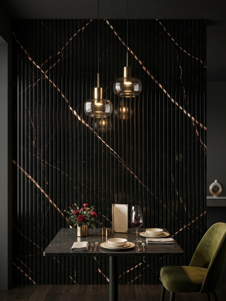Noir Royale WPC fluted panels forming a black feature wall in an intimate dining area