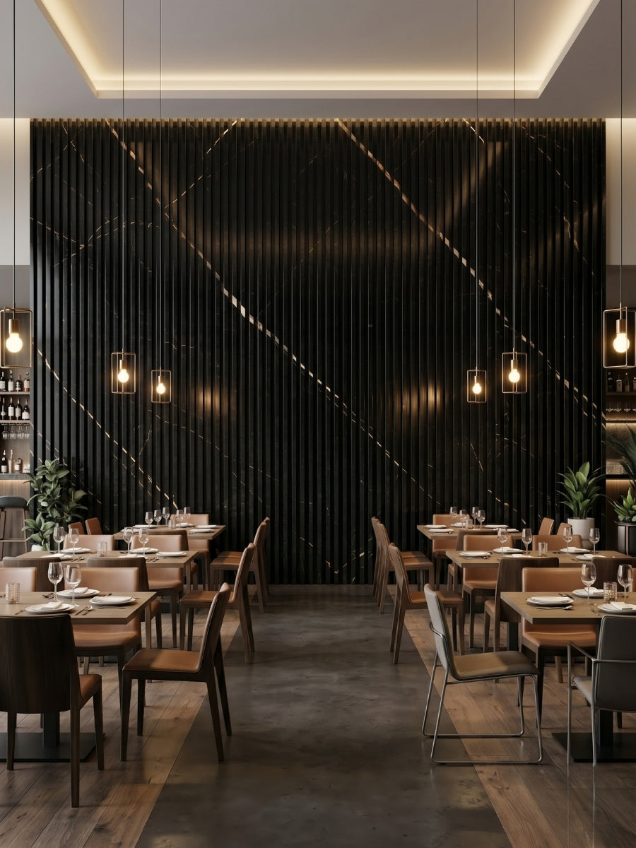 Noir Royale black WPC fluted panels with gold-toned veining on a restaurant feature wall