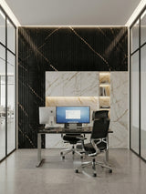 Noir Royale black fluted wall panels installed behind a desk in a glass-walled office