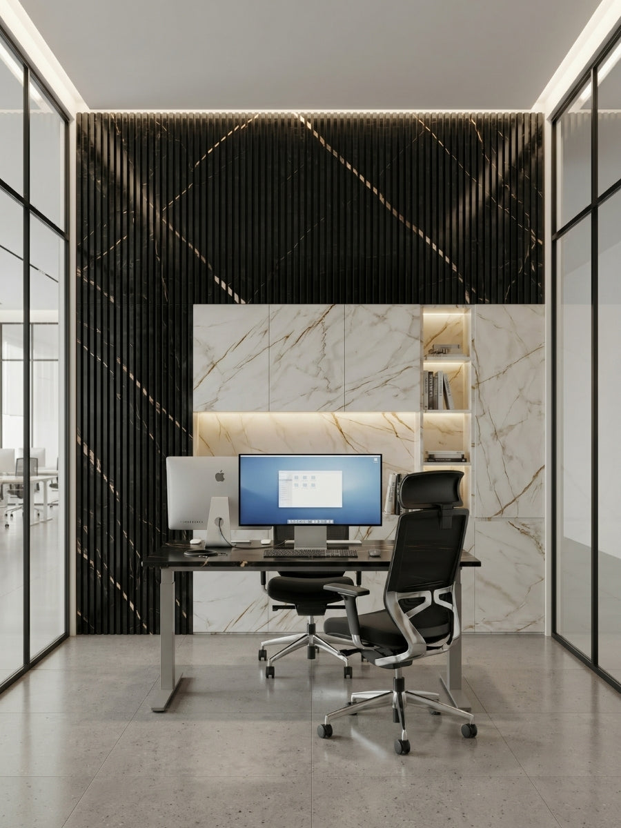 Noir Royale black fluted wall panels installed behind a desk in a glass-walled office