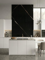 Noir Royale WPC fluted wall panels creating a tall black feature wall in a white kitchen