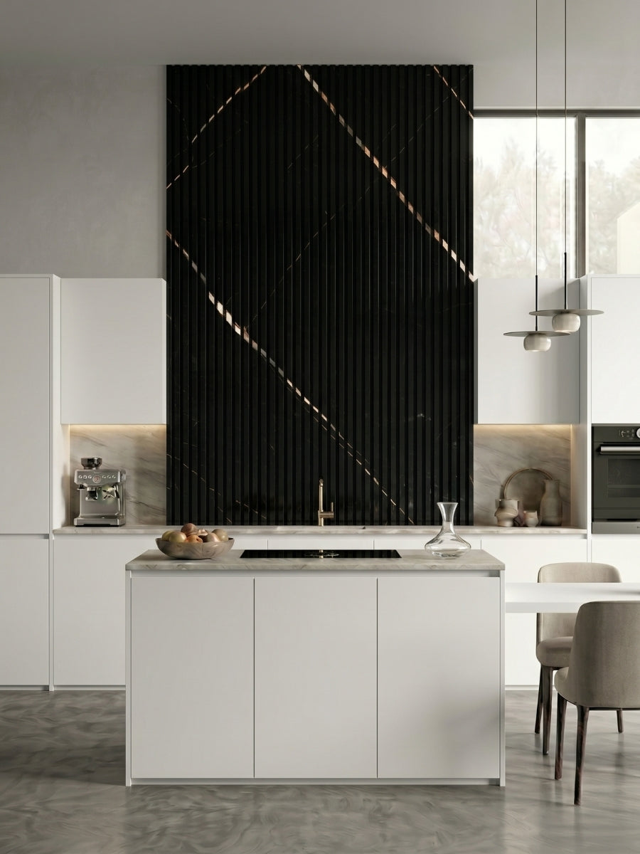 Noir Royale WPC fluted wall panels creating a tall black feature wall in a white kitchen