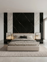 Noir Royale fluted 3D wall panels installed as a black and gold-toned bedroom accent wall