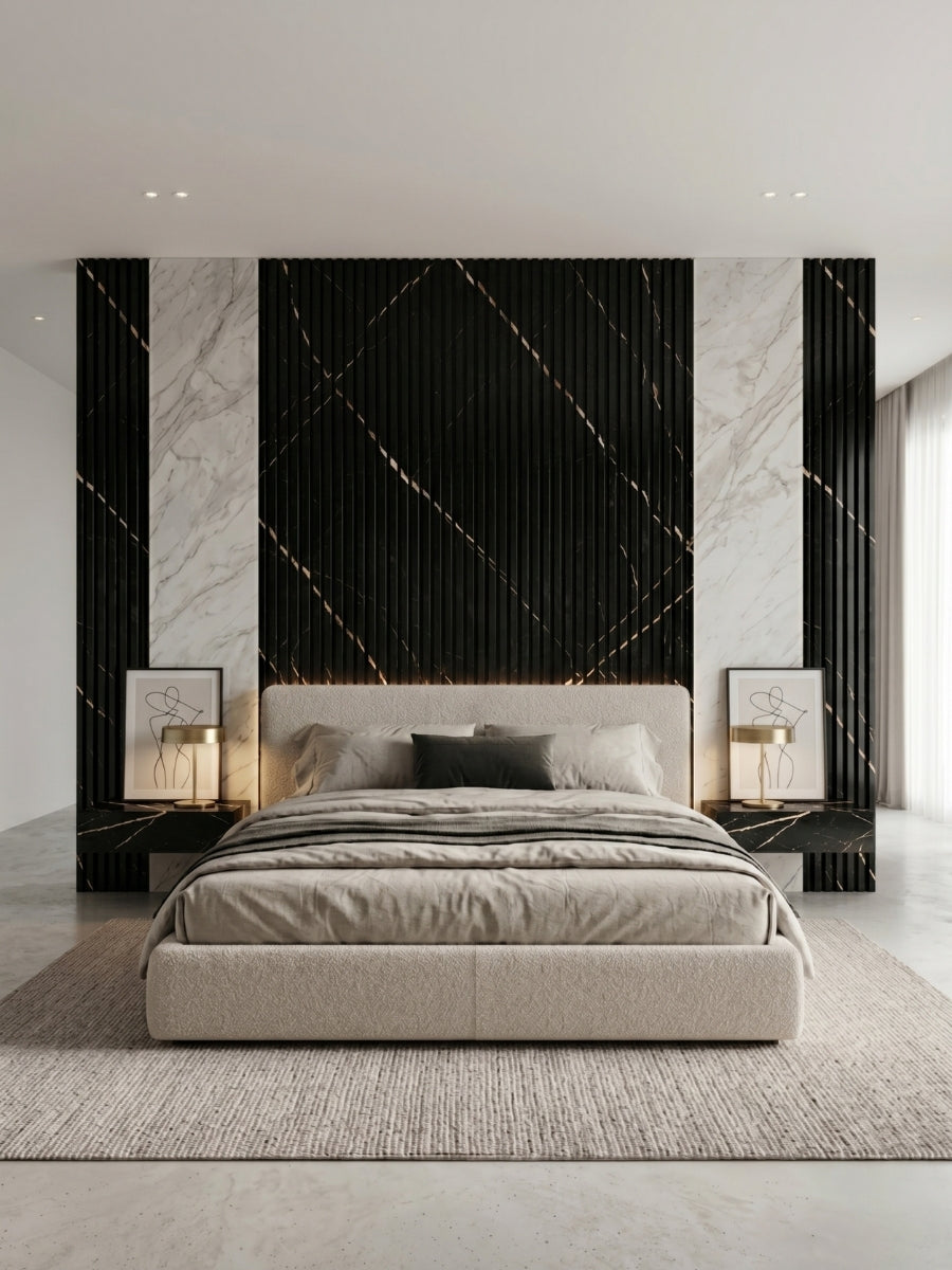 Noir Royale fluted 3D wall panels installed as a black and gold-toned bedroom accent wall
