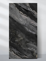 Noir Vein marble-look PVC wall panel in black with sweeping gray and white veining, 4 x 8 ft