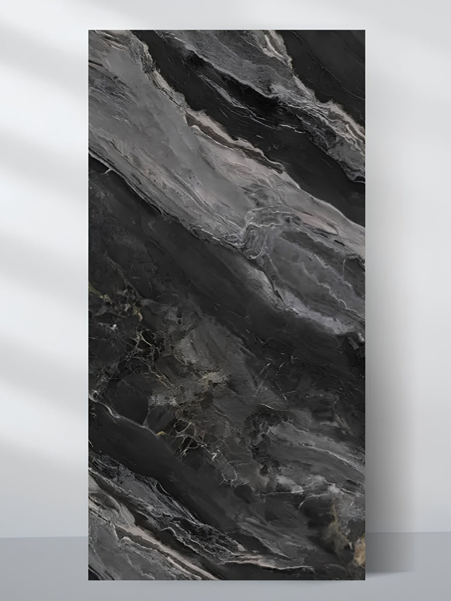 Noir Vein marble-look PVC wall panel in black with sweeping gray and white veining, 4 x 8 ft