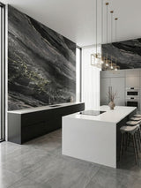 Noir Vein marble-look panels used as bold black and gray accent walls in a modern kitchen