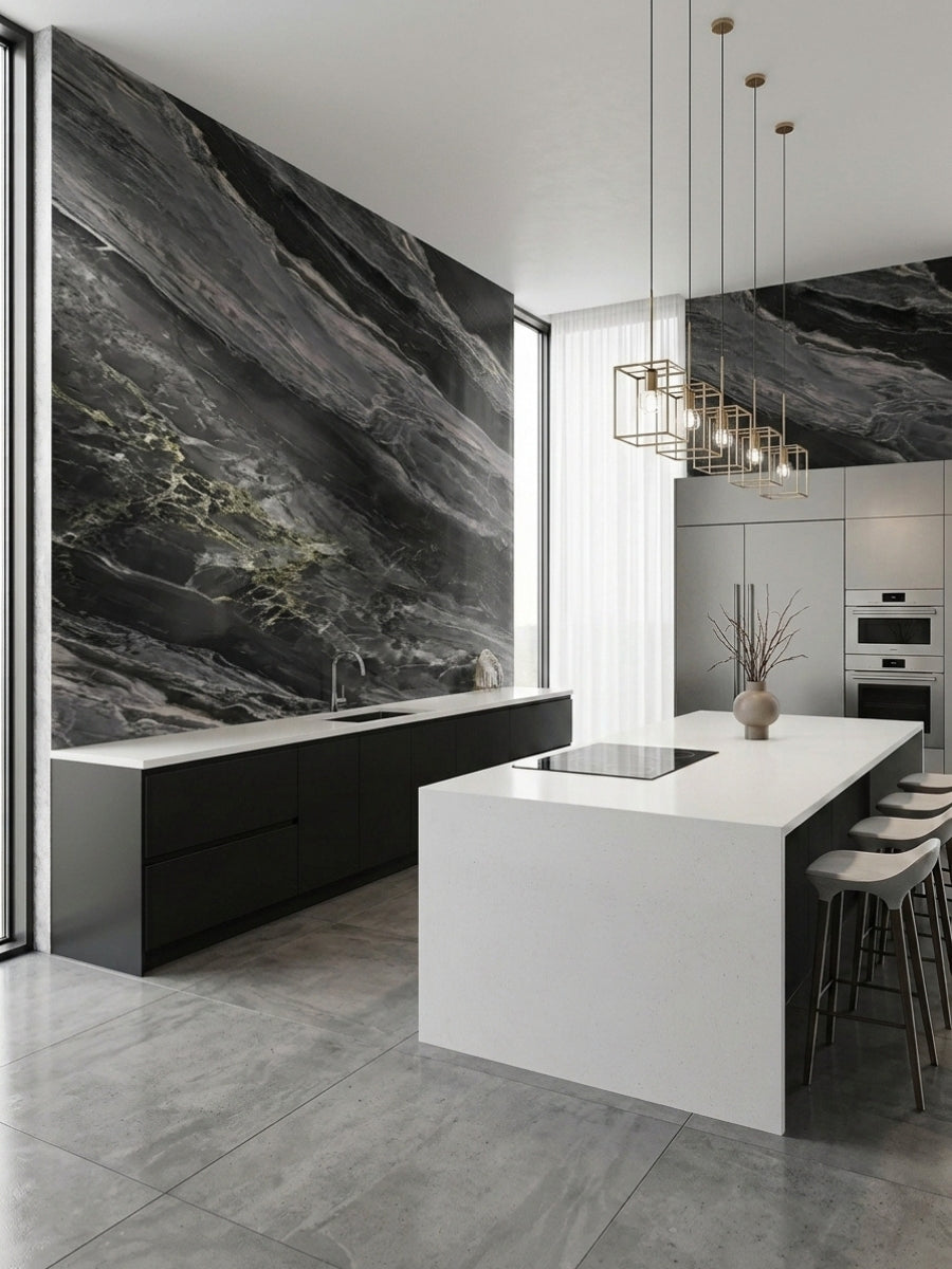 Noir Vein marble-look panels used as bold black and gray accent walls in a modern kitchen