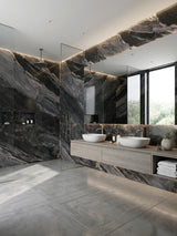 Luxury bathroom clad in Noir Vein black marble-look wall panels around the shower and double vanity