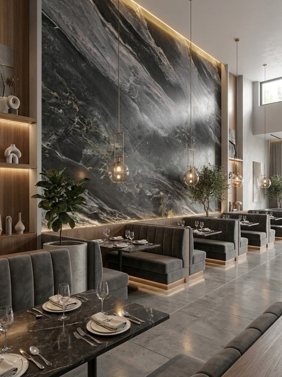 Tall Noir Vein marble-look PVC feature wall with gray veining in a contemporary restaurant dining area