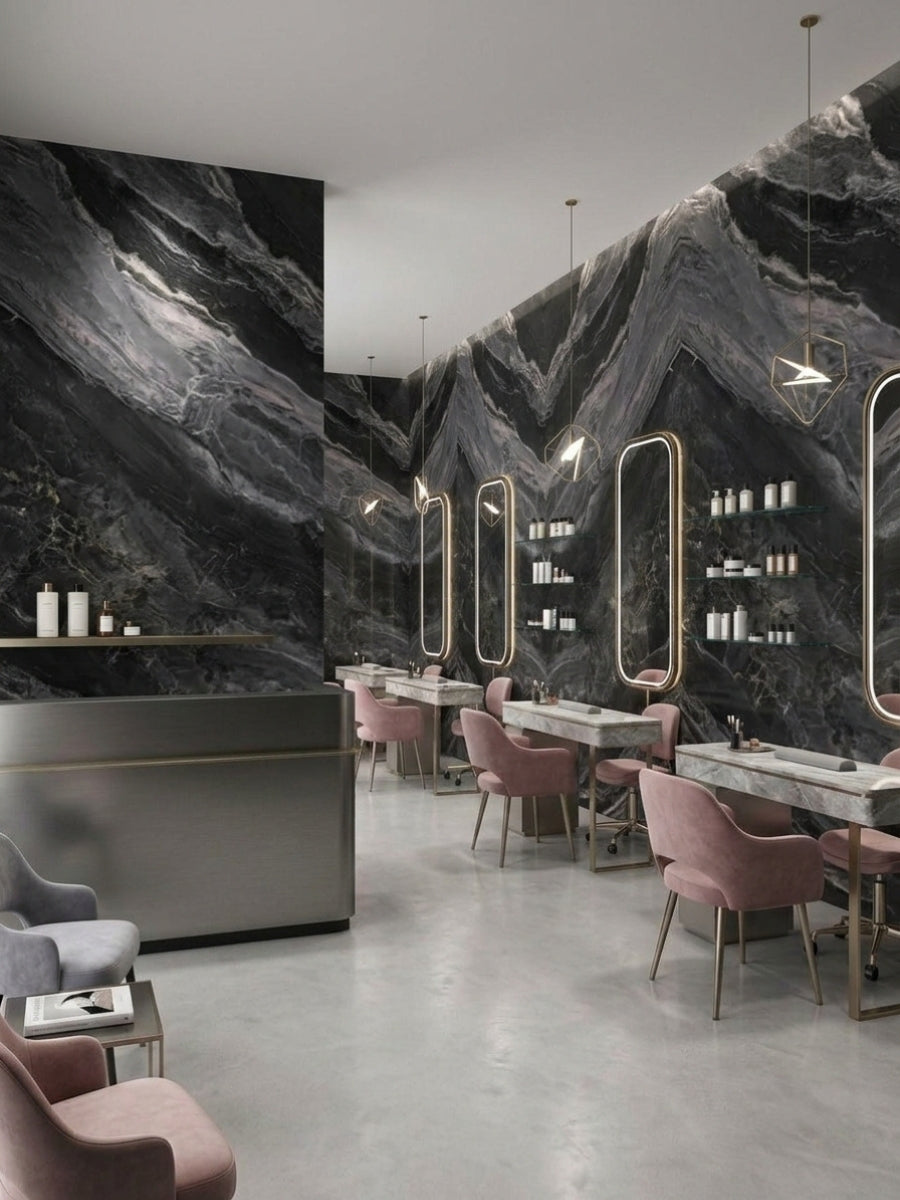 Noir Vein black and gray marble-look wall panels installed throughout a modern beauty salon