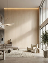 Tall Nordic birch wood veneer panel feature wall in a neutral modern living room