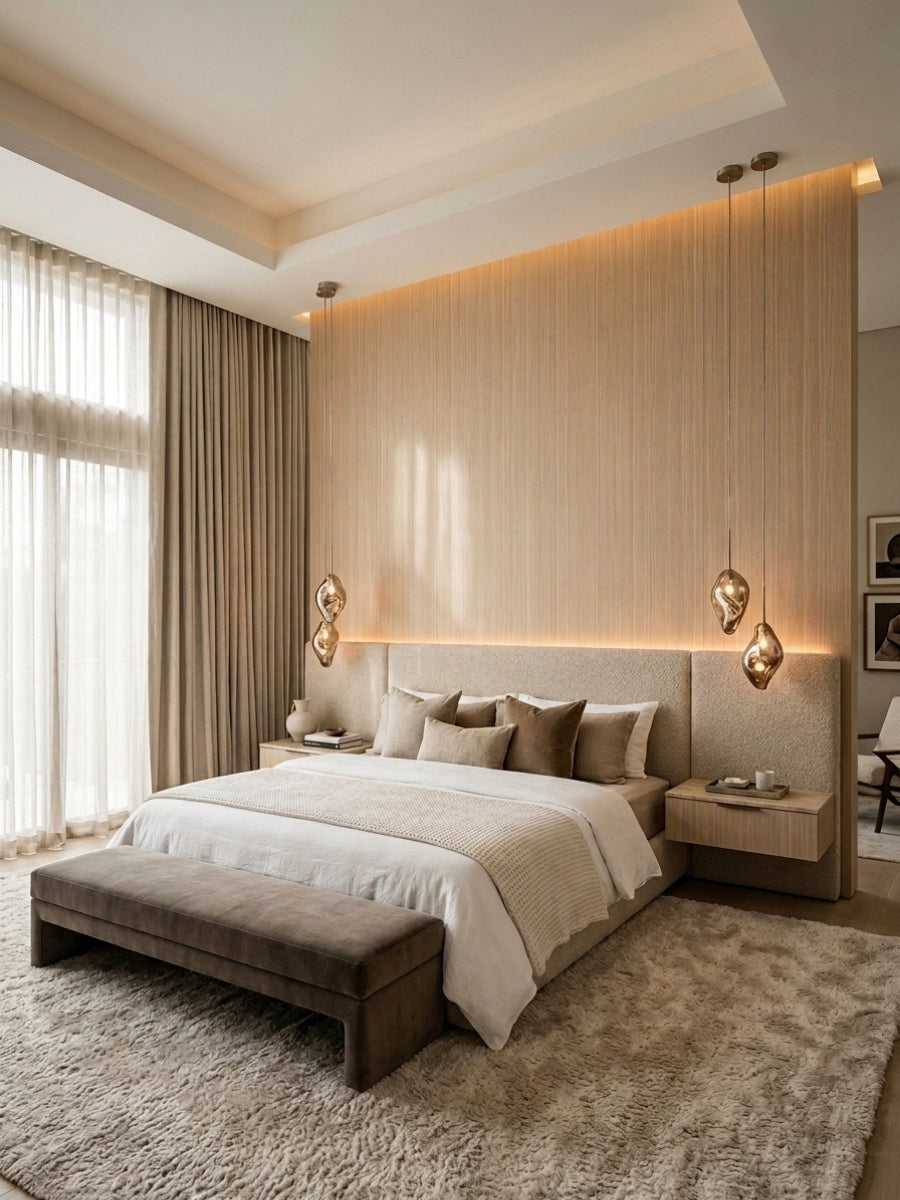 Nordic birch wood veneer panels forming a warm, vertically grained bedroom feature wall behind the bed