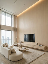 Floor-to-ceiling Nordic birch wood veneer panel wall with mounted TV in a modern living room