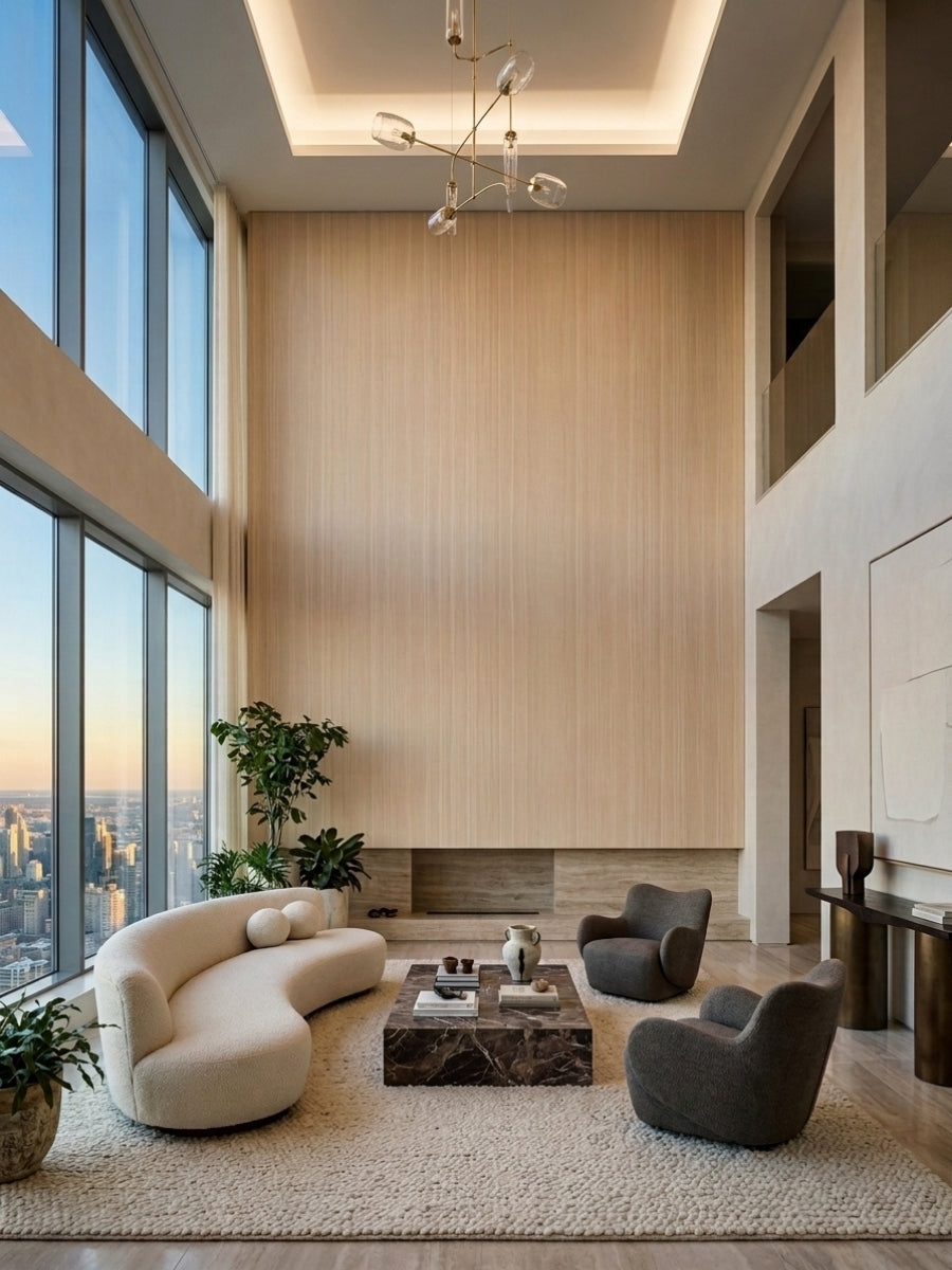 Tall Nordic birch wood veneer feature wall in a double-height sitting area with large windows