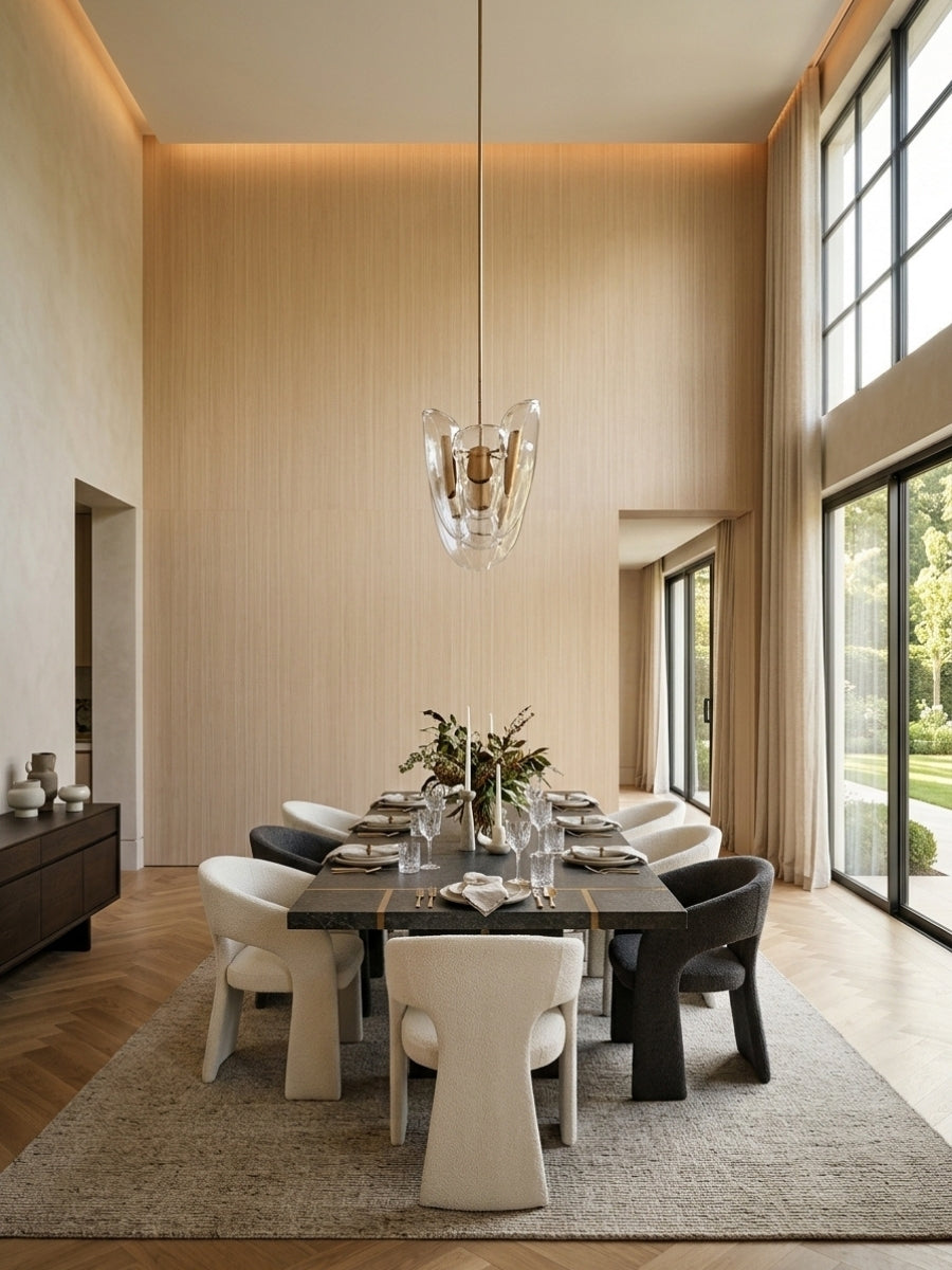 Nordic birch wood veneer panels covering a softly lit dining room wall with fine vertical grain