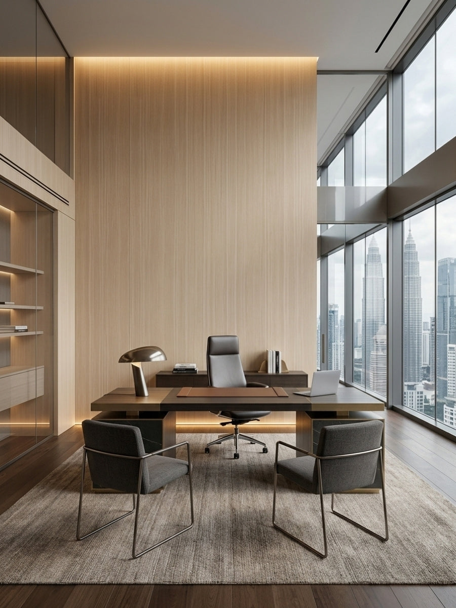 Nordic birch wood veneer feature wall behind a desk in a contemporary high-rise office