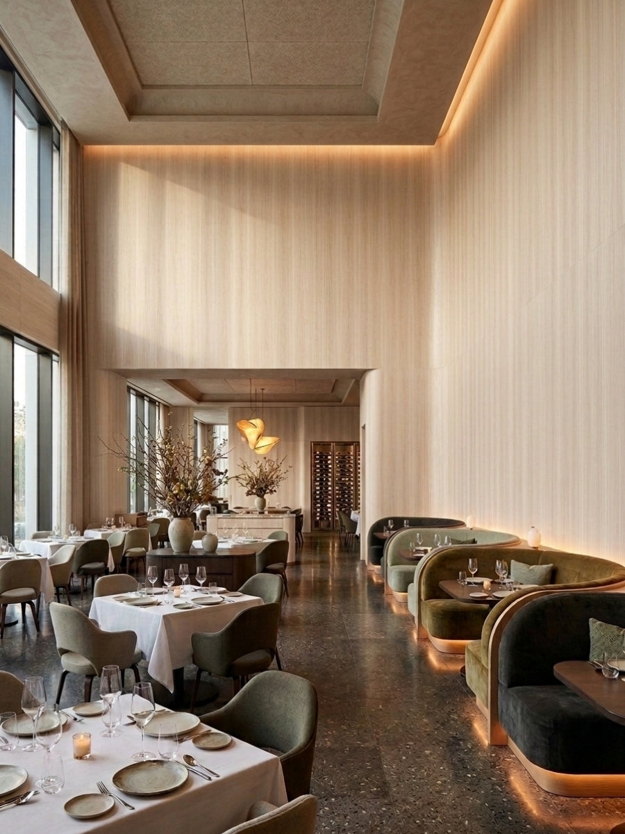 Nordic birch wood veneer panels lining the tall walls of an elegant restaurant dining area