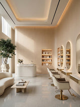 Nordic birch wood veneer wall panels in a bright salon with mirrors, styling chairs and shelving