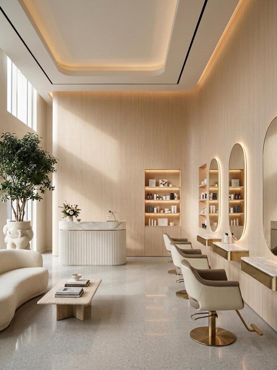 Nordic birch wood veneer wall panels in a bright salon with mirrors, styling chairs and shelving