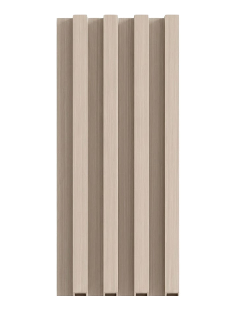 Pale beige WPC slat fluted wall panel sample with four raised vertical ribs