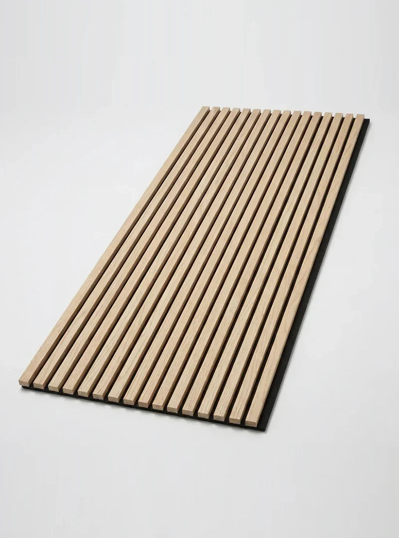 Natural blonde wood slat acoustic panel sample on black backing