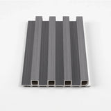 Oak gray WPC slat fluted wall panel sample with a medium gray wood-grain finish