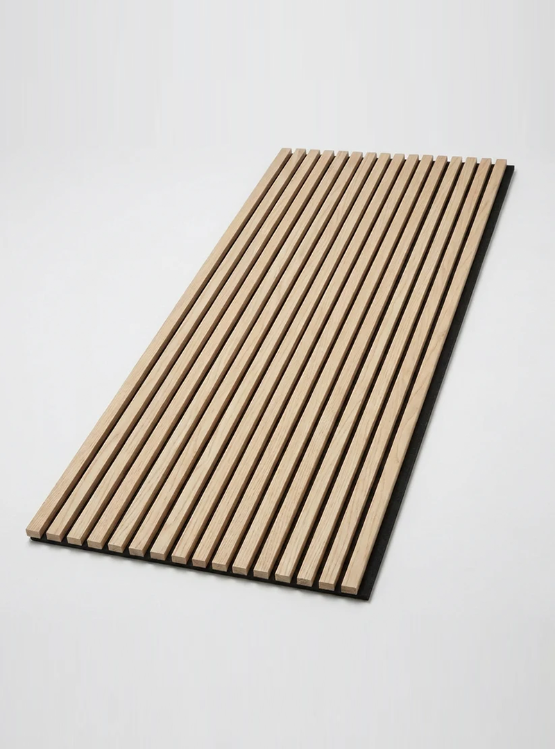 Oak acoustic wood slat wall panel with light wood veneer and black backing