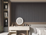 Oak Gray WPC fluted 3D wall panel accent wall behind a bedroom vanity and bed