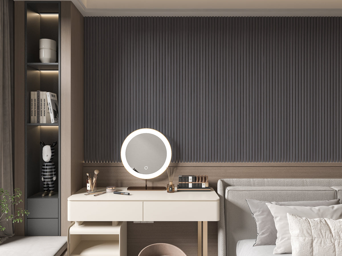 Oak Gray WPC fluted 3D wall panel accent wall behind a bedroom vanity and bed