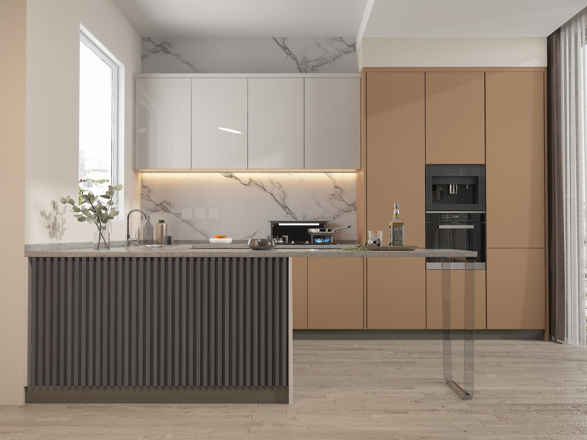 Oak Gray WPC fluted 3D wall panels installed on a modern kitchen island