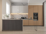 Oak Gray WPC fluted 3D wall panels installed on a modern kitchen island