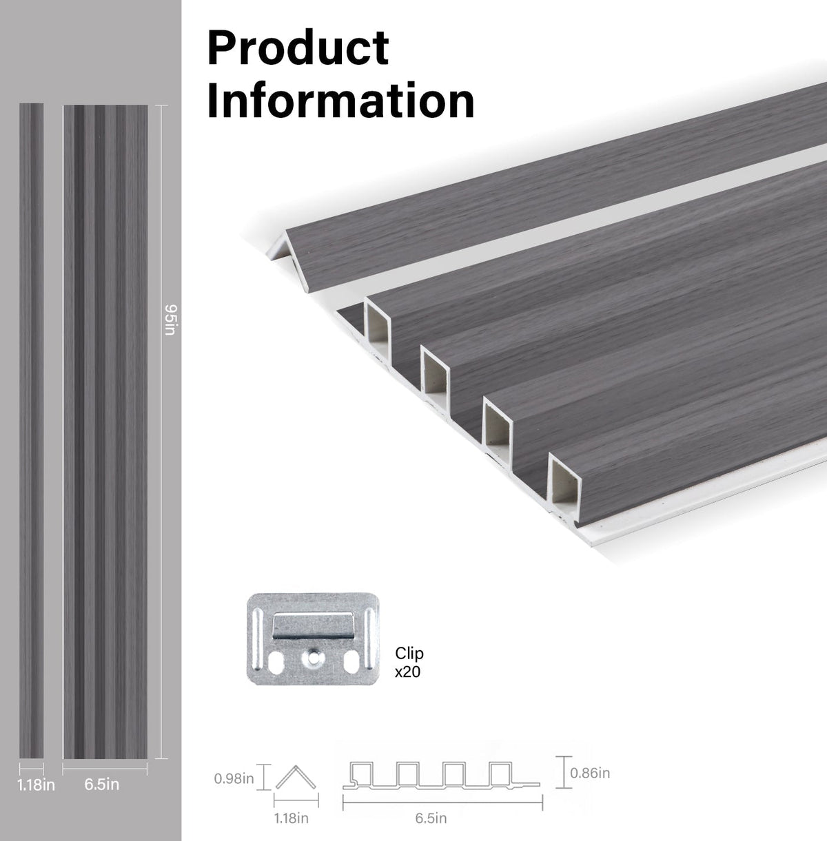 Oak Gray WPC fluted 3D wall panel, corner trim, mounting clip, and dimensions diagram