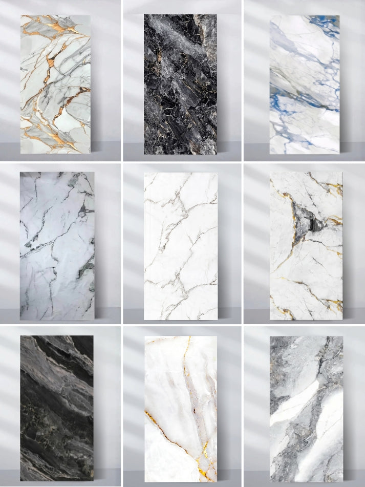 Collage of nine PVC marble sheet samples in varied white, gray, black, blue and gold-veined patterns