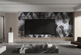 Golden Onyx PVC marble sheet feature wall with black, gray and gold veining behind a mounted TV
